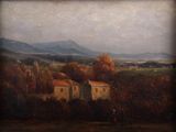 an image of a painting of a landscape with a house in the foreground