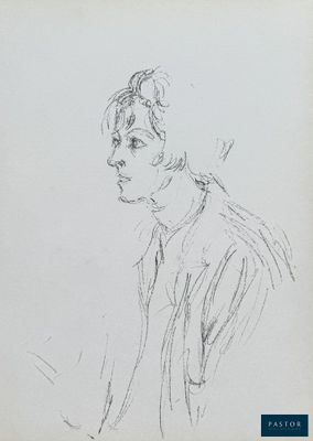 a black and white drawing of a man in a shirt