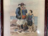 an old picture of a man standing next to a little boy on the beach