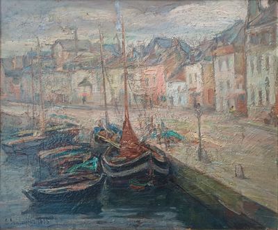 peinture de bateaux amarrés dans un port avec des bâtiments en arrière-plan