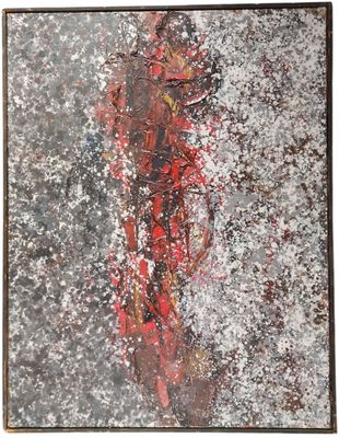 peinture abstraite représentant une femme en robe rouge sur fond blanc