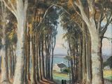 an image of a painting of a couple walking down a path in the woods
