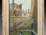 une image représentant un tableau d'un bâtiment avec un escalier qui y mène