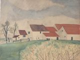 a picture of a painting of a farm in the country