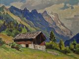 painting of a mountain scene with a barn in the foreground and a mountain range in the background