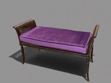 a bench with a purple cushion on top of it