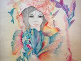 tableau représentant une femme portant un chapeau et tenant des fleurs à la main