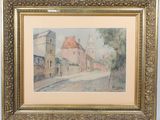 an image of a painting of a street with buildings in the background