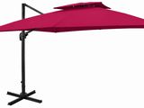 une image représentant un parapluie rouge posé sur un support noir