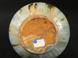 a picture of a blue and white bowl with a tag on it