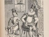 an old book with a picture of a man and a woman sitting in a chair