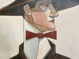 painting of a man wearing a hat and a bow tie