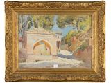 an oil painting of a gate in the middle of a village