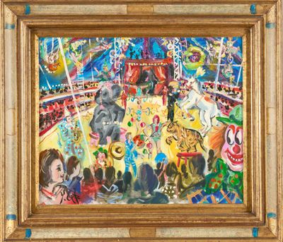 une peinture à l'huile représentant une scène de cirque avec des animaux et des clowns