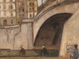 painting of a painting of people walking on a bridge over a river
