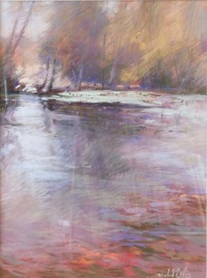 une peinture représentant une peinture d'une rivière avec des arbres en arrière-plan