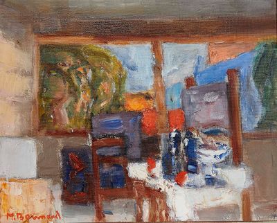 un tableau représentant une pièce avec une table et des chaises
