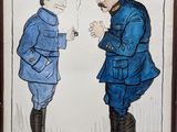 an image of a drawing of a man in a blue uniform talking to another man in a blue coat