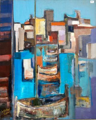 abstract painting of a boat in a harbor with buildings in the background