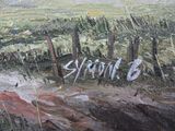 a painting of a sign on a fence in a field