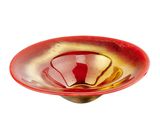 a red and gold glass bowl on a white background
