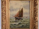 une peinture à l'huile représentant un voilier sur une mer agitée