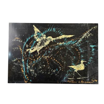 peinture abstraite représentant un cheval et un oiseau sur fond noir