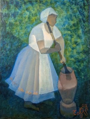 une peinture à l'huile représentant une femme en robe blanche tenant une cruche