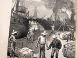 un vieux livre avec une illustration représentant des hommes sur un bateau