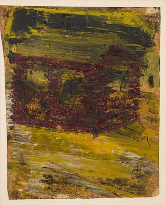 une peinture abstraite dans les tons de vert, jaune et rouge sur fond blanc
