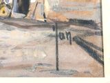 a painting of a man sitting on a bench in front of a building