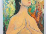 an oil painting of a woman with her hands folded in prayer