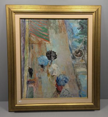 une image représentant un tableau où l'on voit une femme avec des parapluies dans une rue