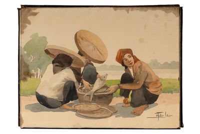 tableau représentant un groupe de femmes assises par terre en train de préparer un repas