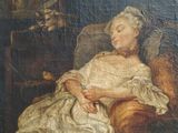 an old painting of a woman in a white dress sitting in a chair