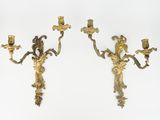 paire d'appliques murales anciennes en laiton avec oiseaux et fleurs
