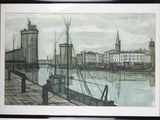 drawing of a view of a harbor with boats and buildings in the background
