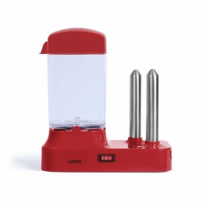 an image of a red blender with two salt shakers