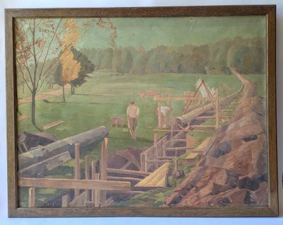 a picture of a painting of a farm scene