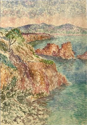 an image of a watercolor painting of a rocky coast