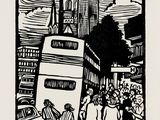 an image of a black and white drawing of people walking down a street