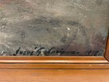 an oil painting of a boat in a body of water on a wooden surface