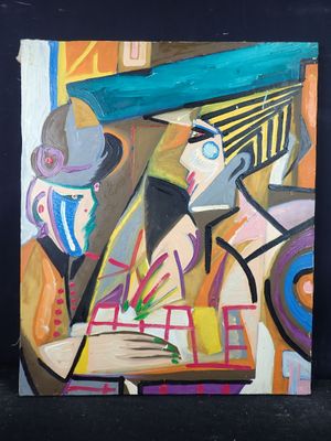 une peinture à l'huile représentant une femme avec un parapluie bleu et un homme portant un chapeau