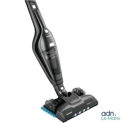 un aspirateur noir et bleu sur fond blanc