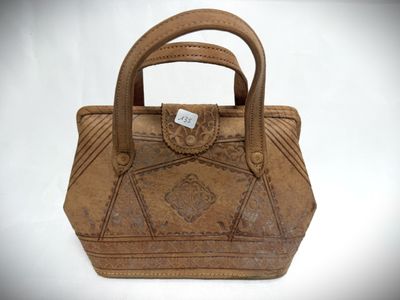 an image of a brown handbag with a brown handle on a white background