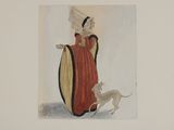 a drawing of a woman in a red dress with a dog