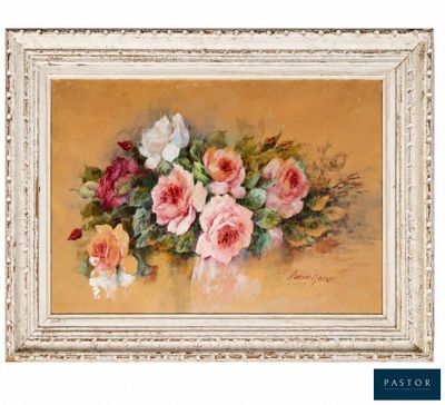 une peinture à l'huile représentant des roses dans un vase sur fond jaune