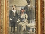 tableau représentant un portrait de famille avec un chien en costume et un chien coiffé d'un chapeau
