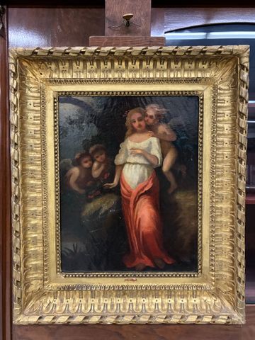 École Française XIXe. « Angelots et femme ». Huile sur toile non 