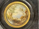 painting of a landscape with a man and a dog in a wooded setting